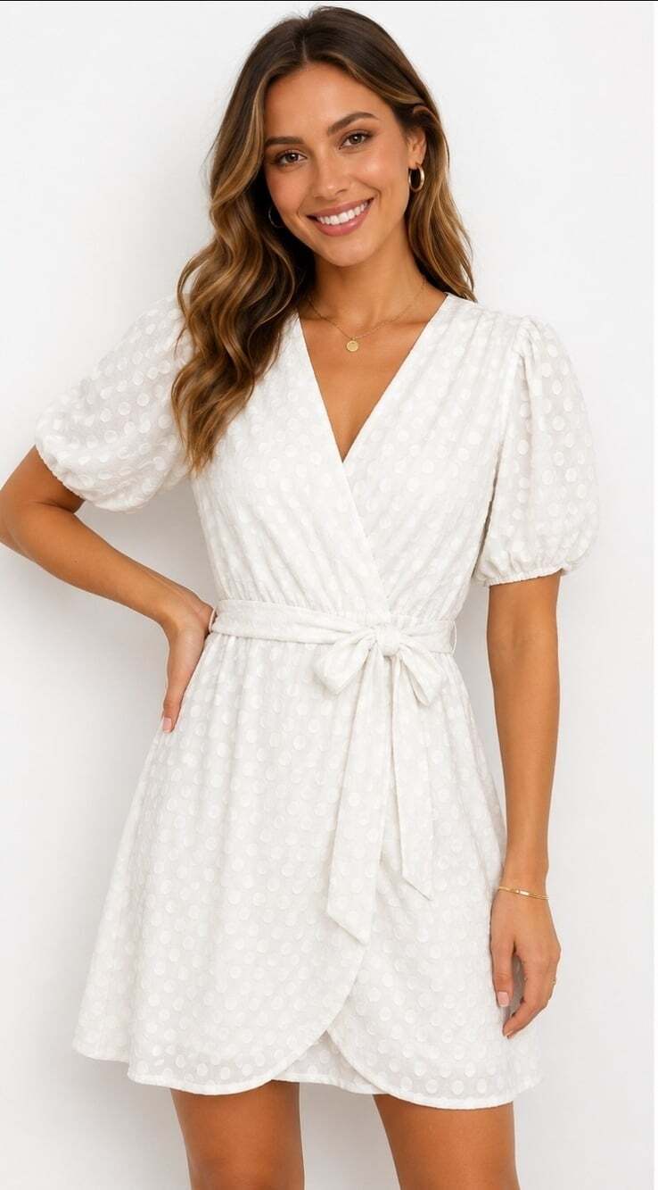 FRAICHE BY J Dress Womens Sz M White Dot Jacquard Faux Wrap Balloon sleeves T30
